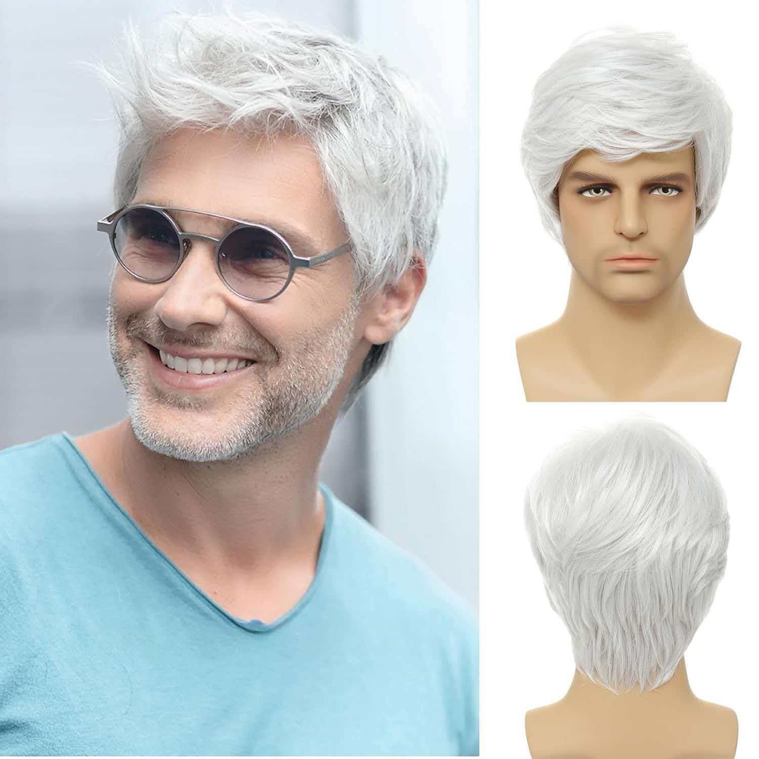 Men’s 6in Short White Straight Wig Full Cosplay Party Synthetic Heat Resistant