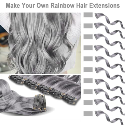 10 PCS Grey Hair Extensions, Curly Wavy Synthetic Hairpieces Clip 10 PCS-Grey