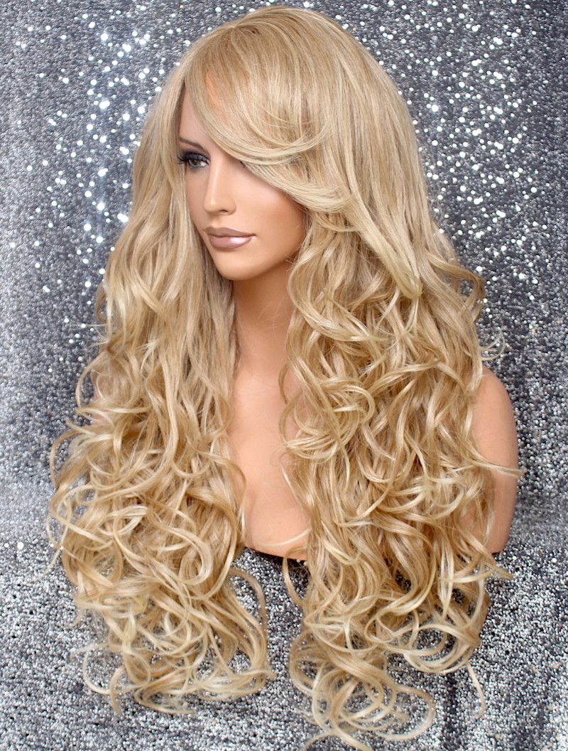 Long Human hair blend Full Wig Heat OK Curly Blonde Mix 27-613 NWT WBT