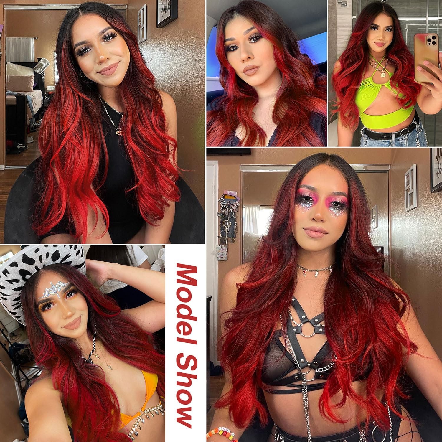 Red Wavy Wig 26 Inch Long Red Ombre Wigs for Women Ombre Red Middle Part Wig …