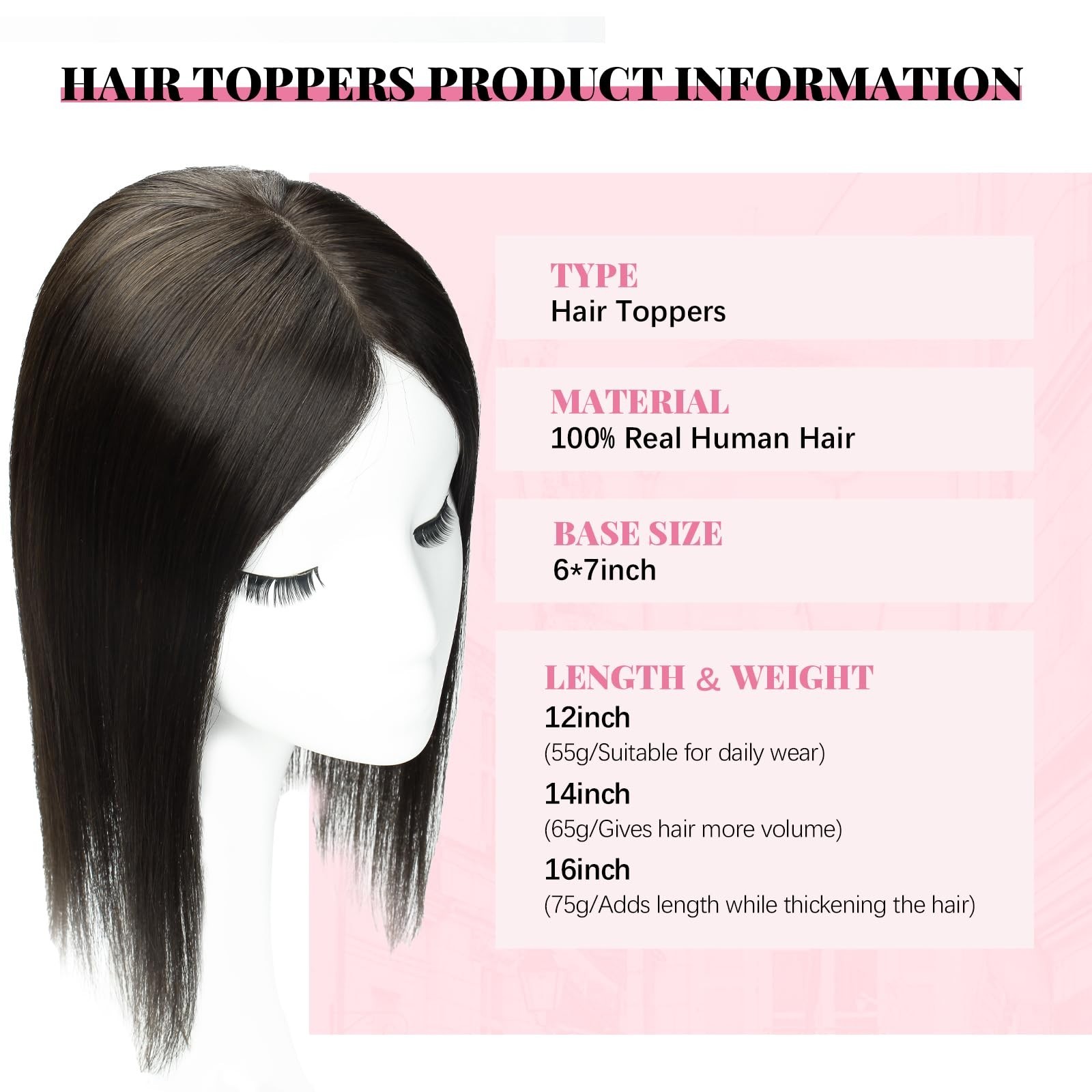16″ Real Human Hair Topper for Women – Natural Black, 6×7″ Base, Volume Boost