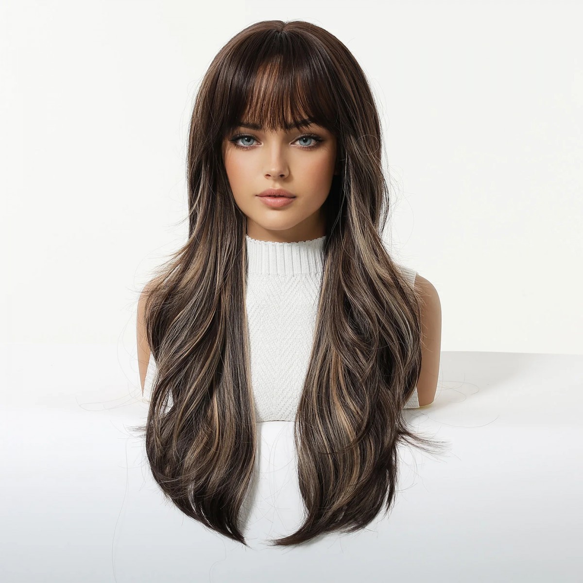 Long Wavy Mixed Brown blonde Synthetic Hair Cosplay Wig With Bangs