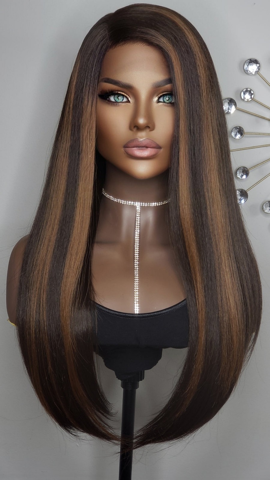 New Long Straight Brown Blonde Black Hair Highlights Lace Front Wig Womens Wigs