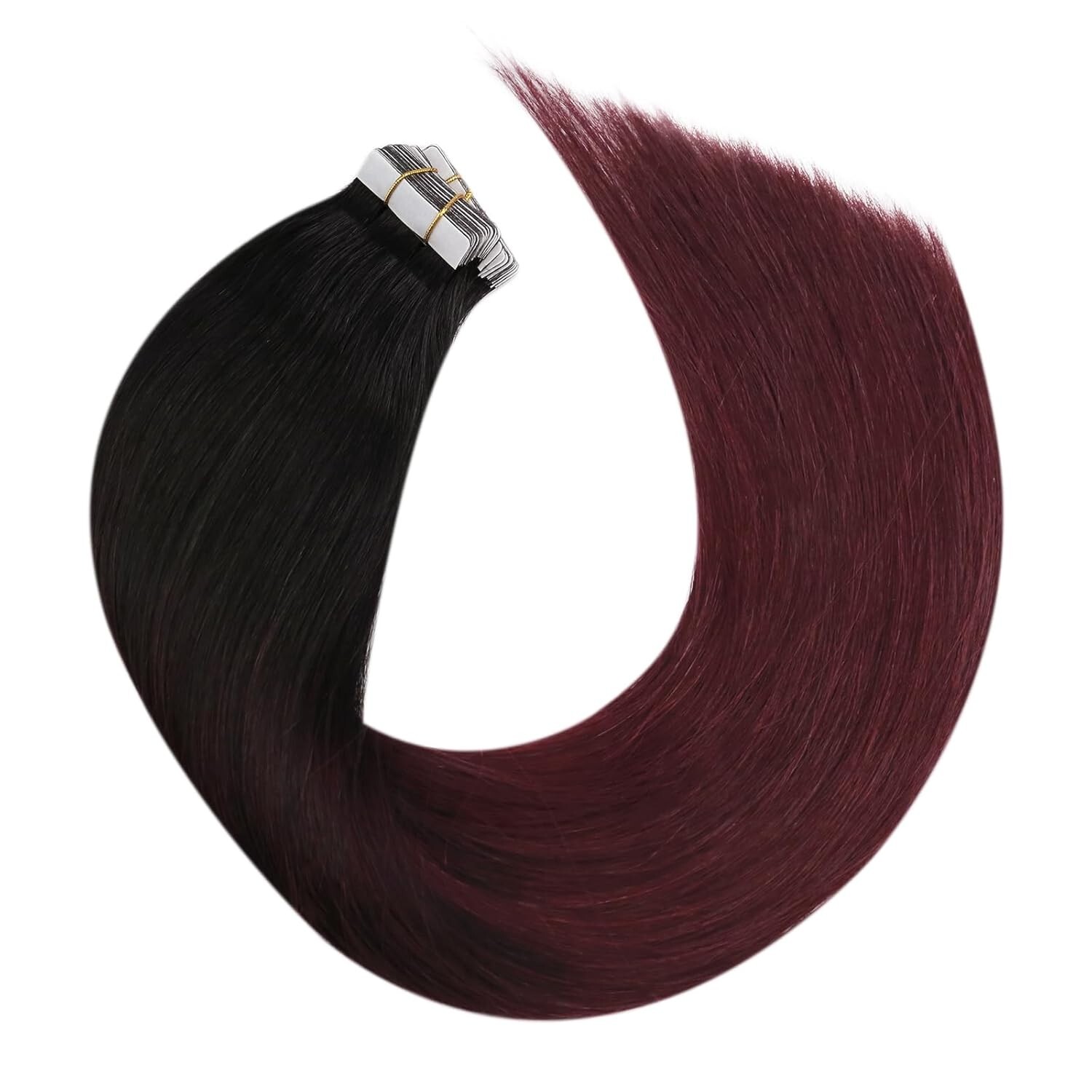 Yaki Straigt Burgundy Tape in Hair Extensions Black to Burgundy 1BT1B/99J
