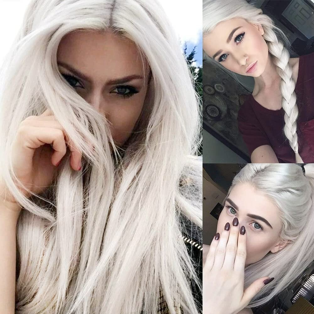 Women Glueless Synthetic Lace Front Wig Straight White Heat Resistant Hair Wigs