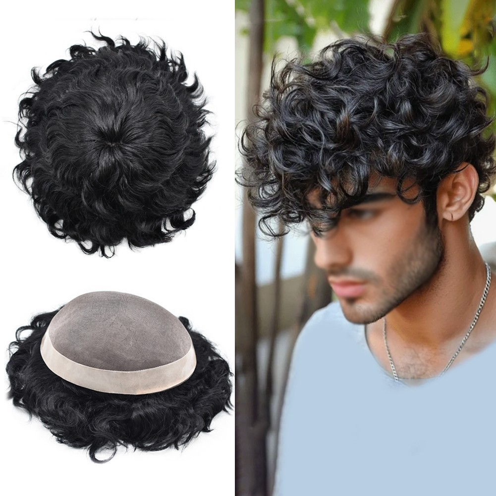 Afro Toupee for Black Men Durable Mono Afro Weave Kinky Curly Mens Wig Hair Unit