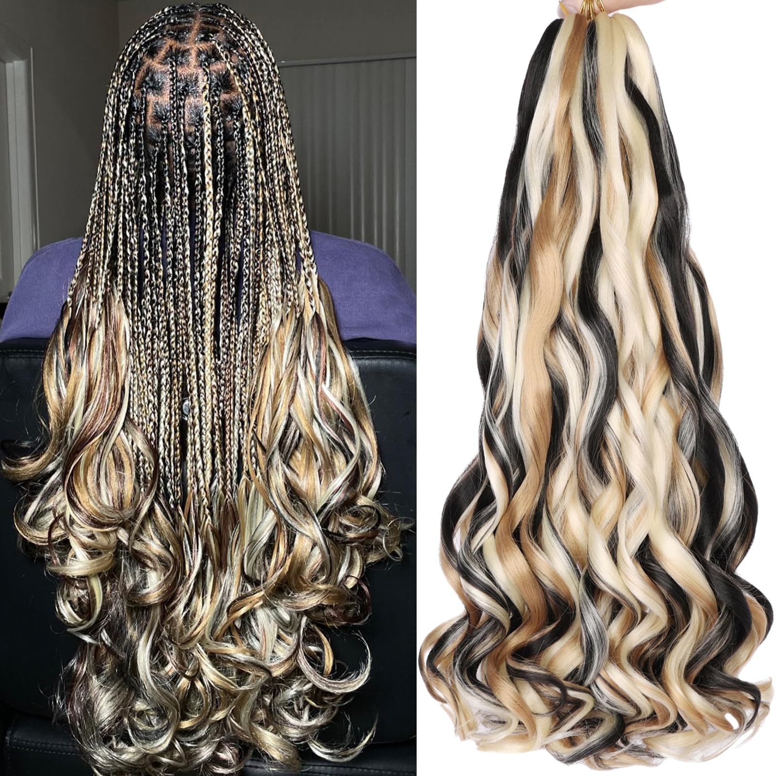 22″ French Curly Braiding Hair – 9 Packs Loose Wave Ends, Black & Blonde Mix, Pr