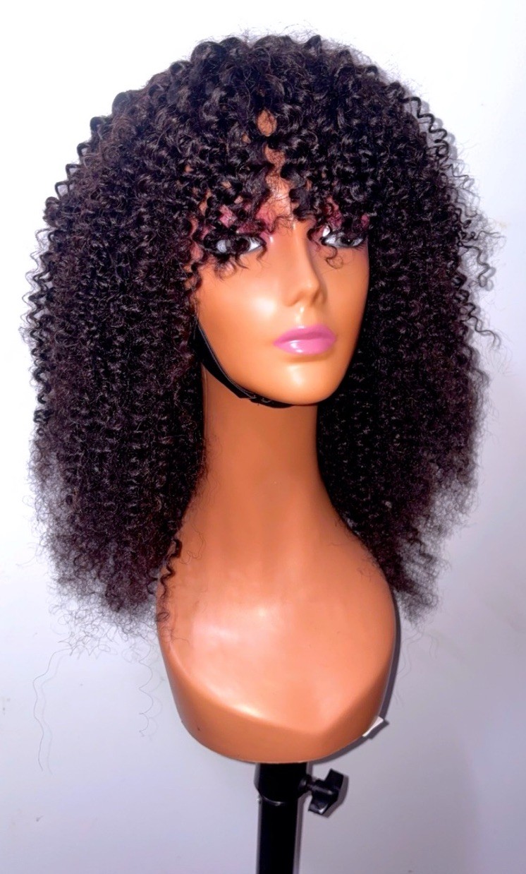 Brazilian Human Hair Afro Kinky Curly Short Bang Wig 18inches