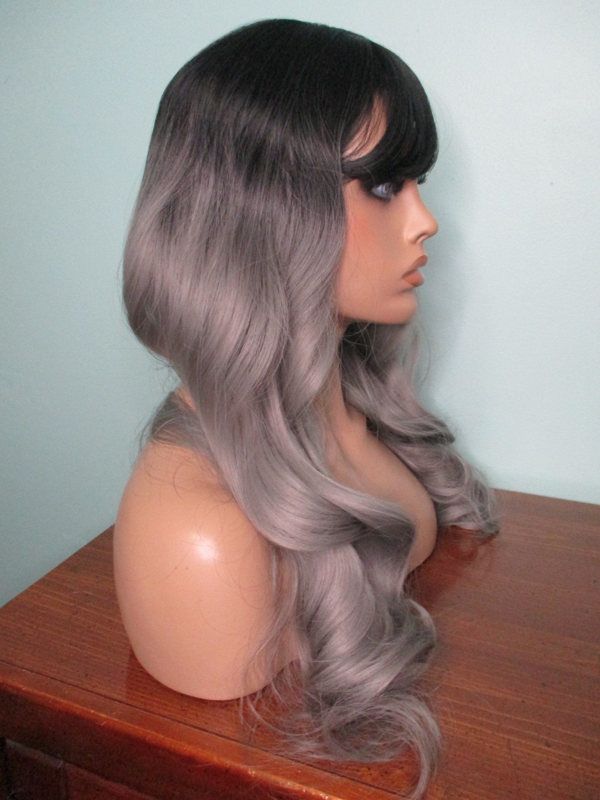 30″ violet gray and black ombre long wavy WIG – NEW – swept bangs