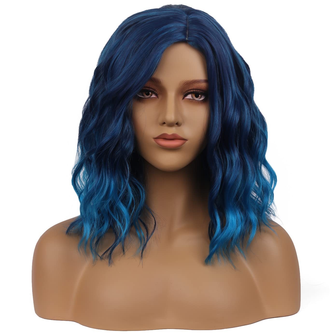 14″ Women Girls Short Curly Wavy Bob Wig Rose Net with Wig Cap (Blue Ombre)