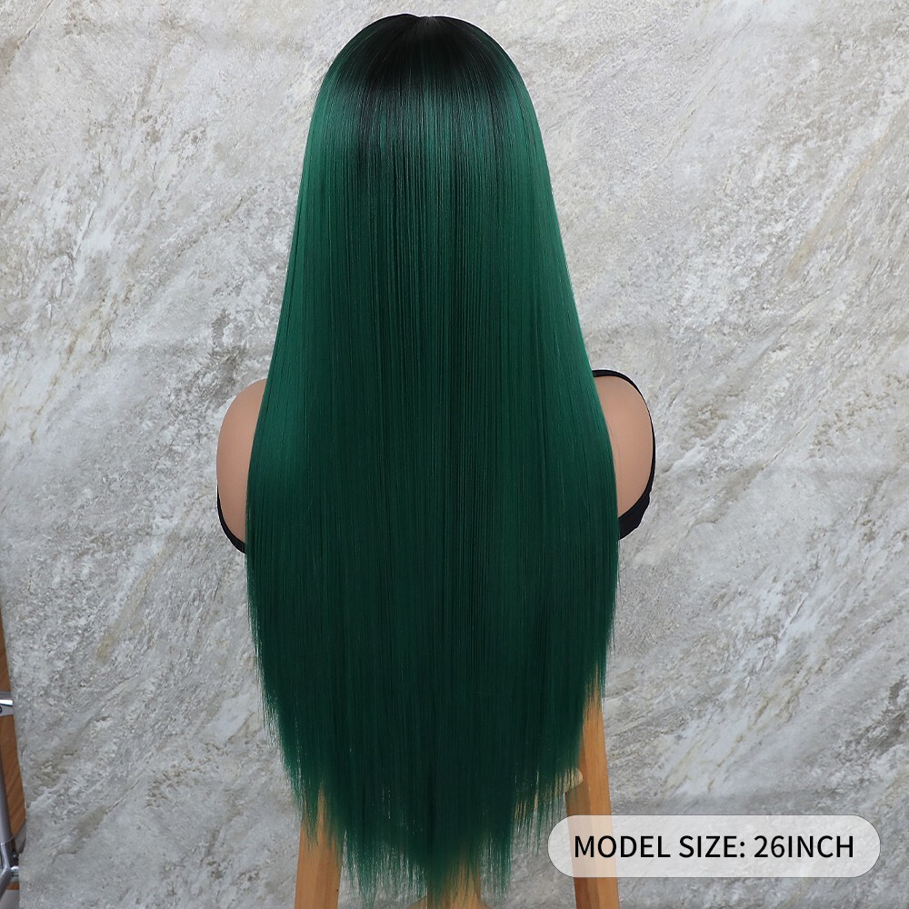 Ombre Green Synthetic Lace Front Wigs Straight Hair Free Part Heat Safe Women