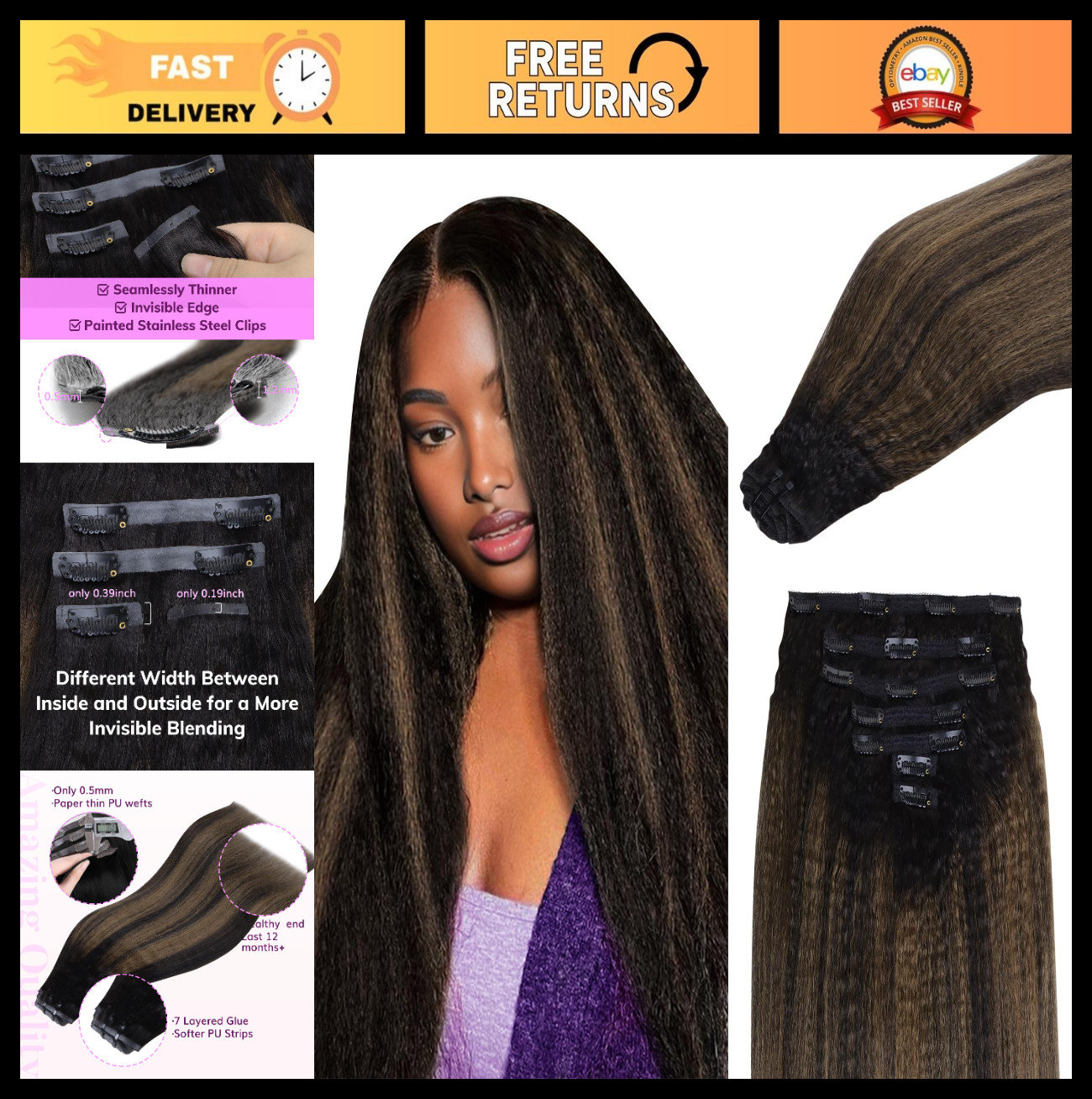 Seamless Clip-In Hair Extensions 16″ Kinky Straight 110g 7pcs Balayage Natural B