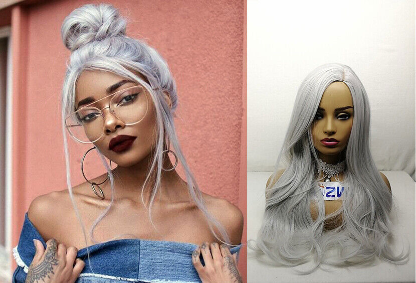 Silver Grey Wig Long Natural Wave Hair Anime Cosplay HalloweenFull Wigs New US