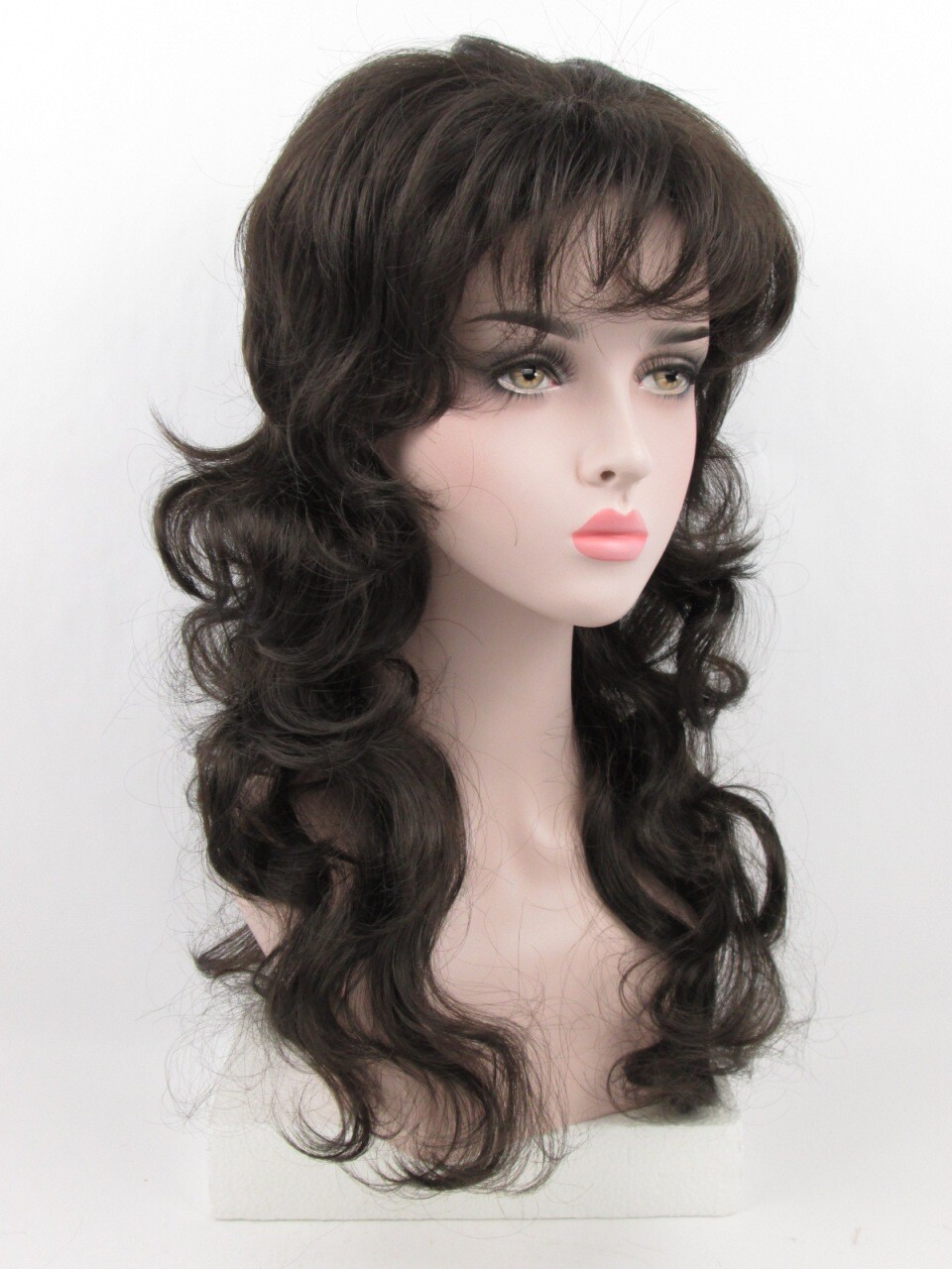 1980S WOMENS LADY LONG MID-BACK LENGTH LAYERED WAVY CURLY WIG W/ BANGS JASMINE