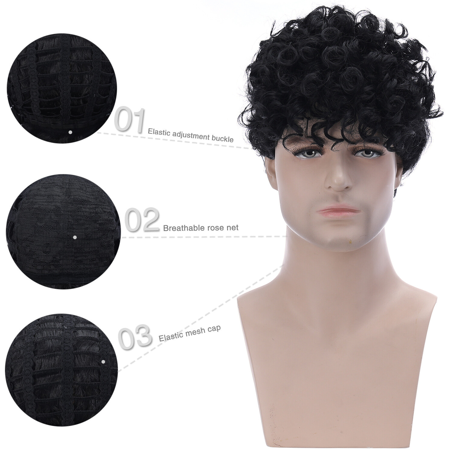 Heat Resistant Men’s 10in Short Black Curly Wig Synthetic Full Cosplay Party