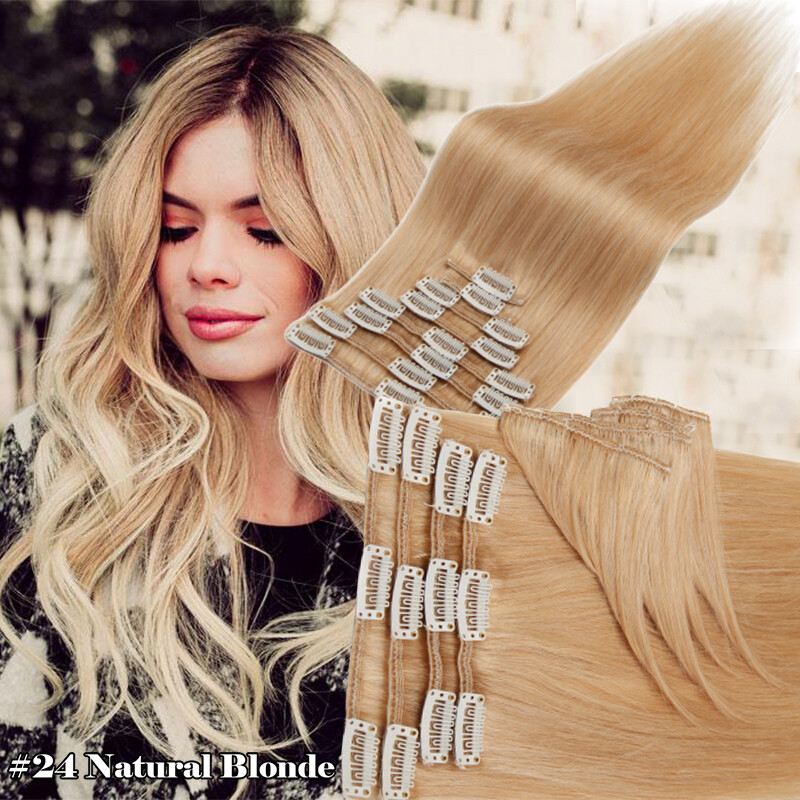 Clip in Remy Human Hair 100% Hair Extensions 8PCS Full Head Highlight Weft 24″