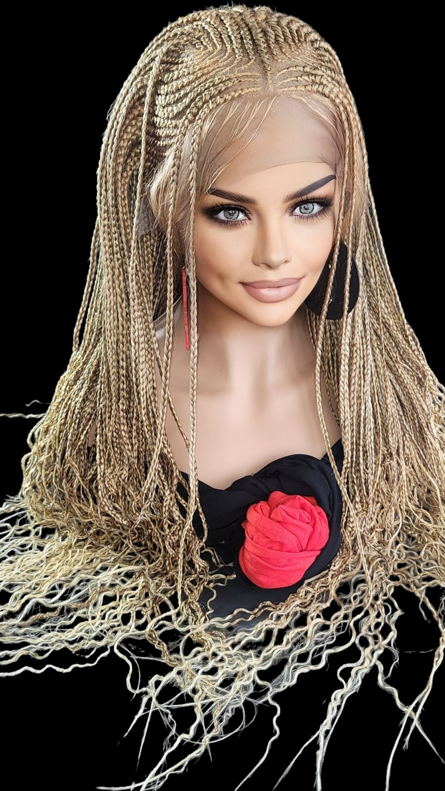 Braided Wig Lace Front Glueless Blonde #27 Cornrows Box Braids 30″ Handmade Long