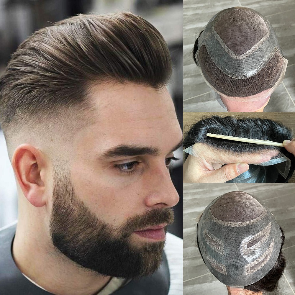 French Lace Front Mens Toupee Hairpieces Natural Hairline Fine Mono Hair Toupee