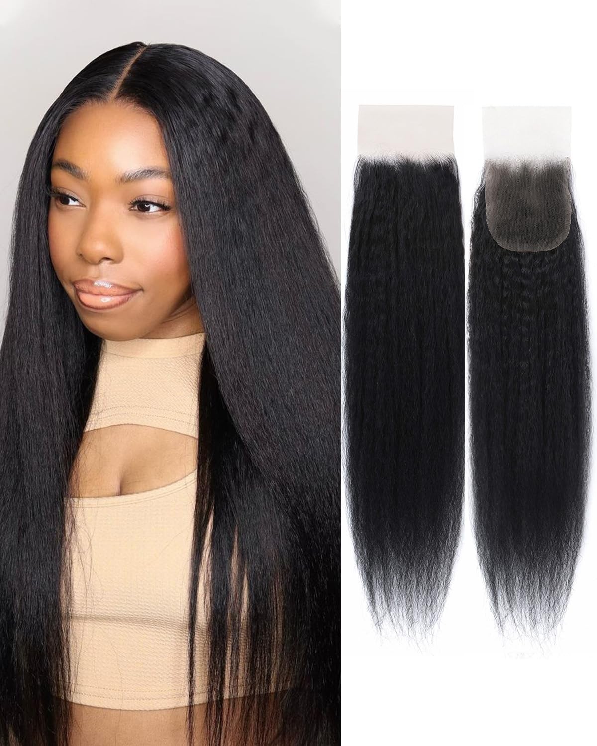 Lace Closure Human Hair 16 Inch Kinky Straight 4×4 Transparent Yaki Natural