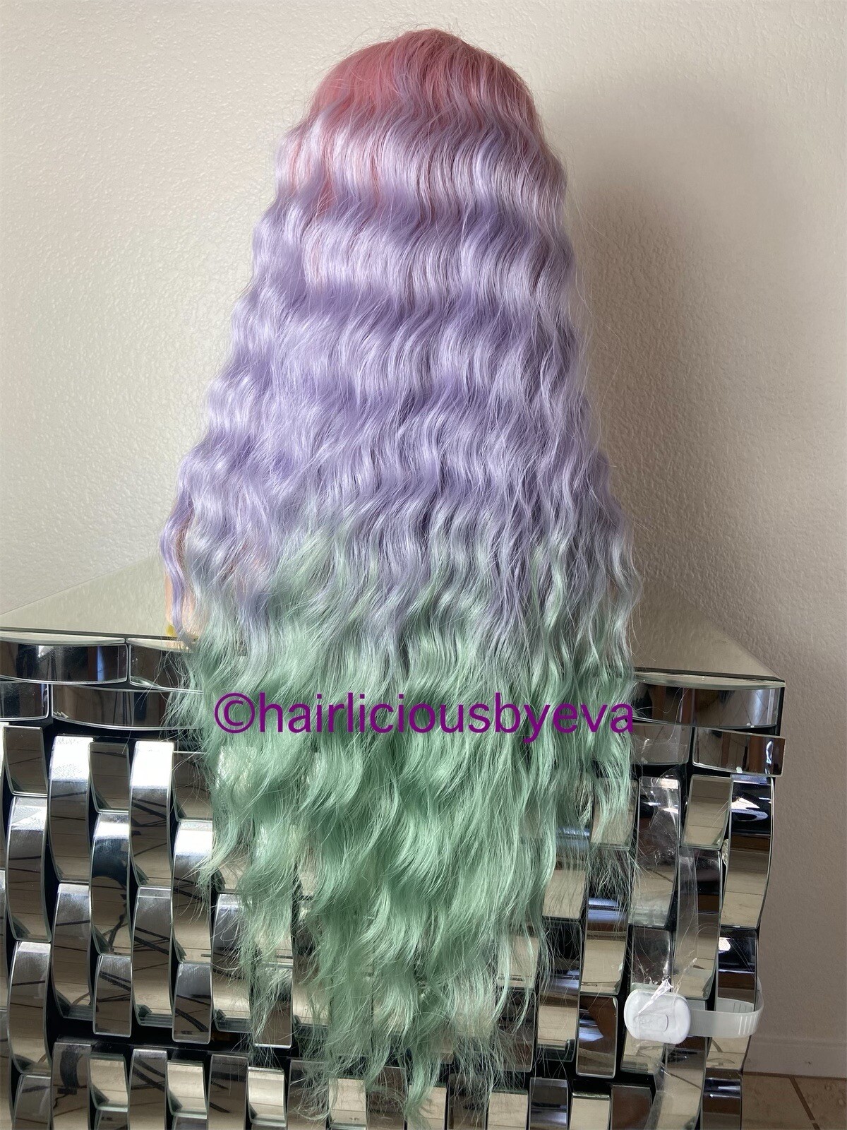 Pastel Rainbow wig ombré wavy with bangs 26 inch long heat ok