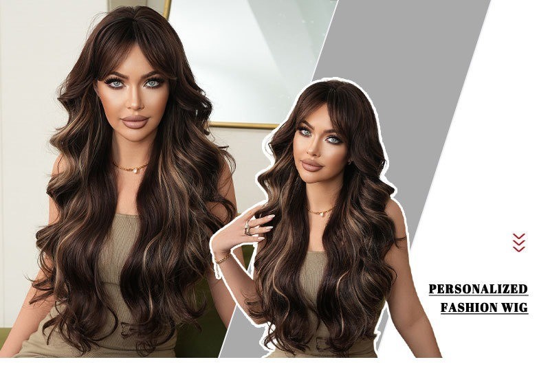 Wig with long curly brown hair with honey gold highlights and a brown base color