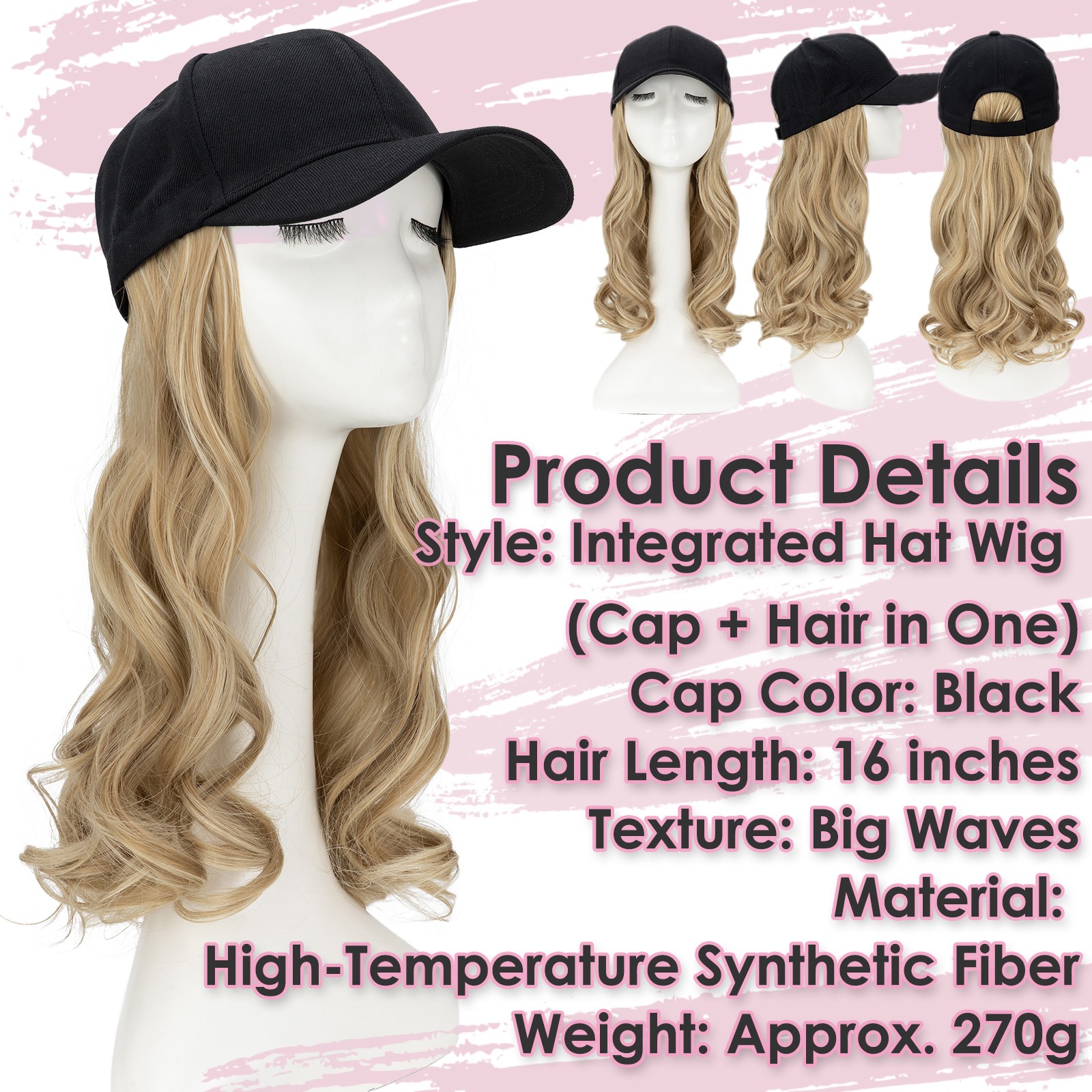 Baseball Cap Black Hat with Long Wavy Synthetic Hair Wig for Women Long FullHead