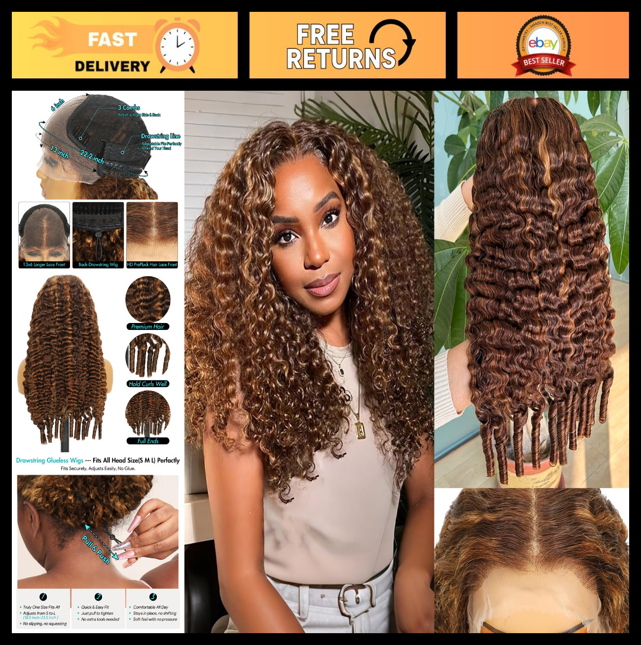 24″ Honey Blonde Curly Drawstring Wig – 250 Density, HD Lace Front, Ombre, Pre-P