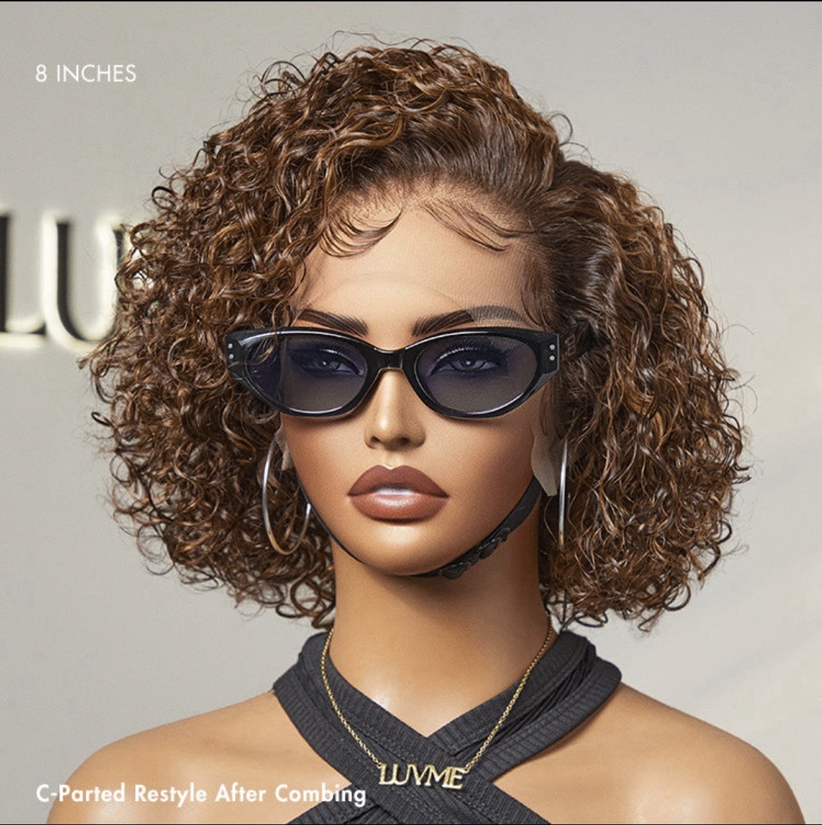 Luvme Short Curly Wig 8” Brown Highlight Human Hair Lace Front Pre-Cut Lace Bob