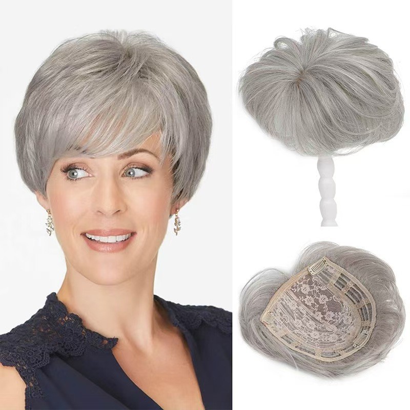 Women Synthetic Hair Topper Short Curly Wiglet Clip In Crown Gray Black New