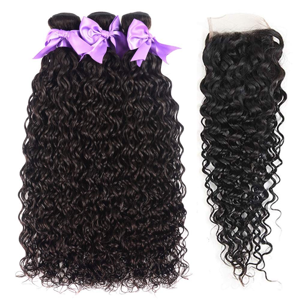 Water Wave Hair Bundles with Closure – 18 20 22 + 16, Wet & Wavy, Deep Curly, 10