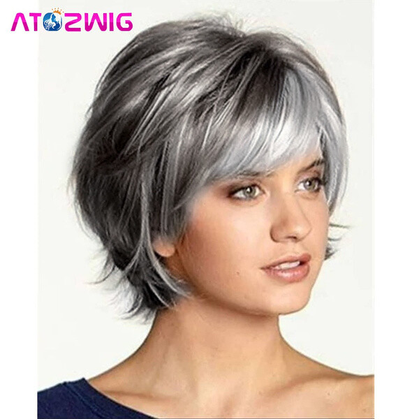 Fashion Short Gray White Hair With Black Mixed Wig with Bangs Mom Wig Synthetic