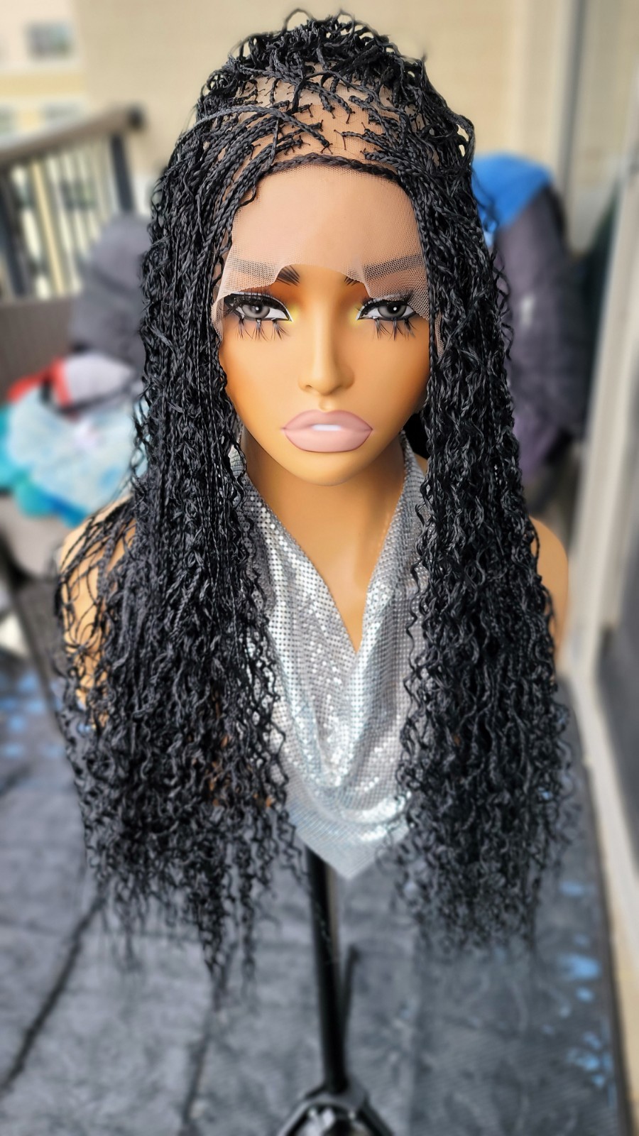 Braided Wig 22″ Micro Boho Braids Jet Black Full Lace Glueless Handmade Long NWT