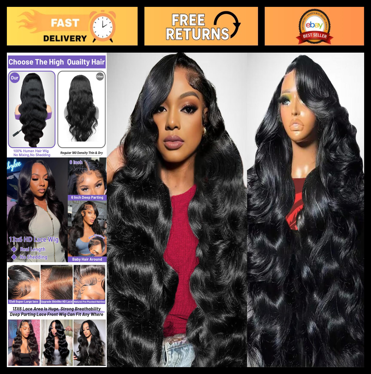 30″ Body Wave Human Hair Wig 210% Density HD Lace Front, Pre-Plucked, No Sheddin