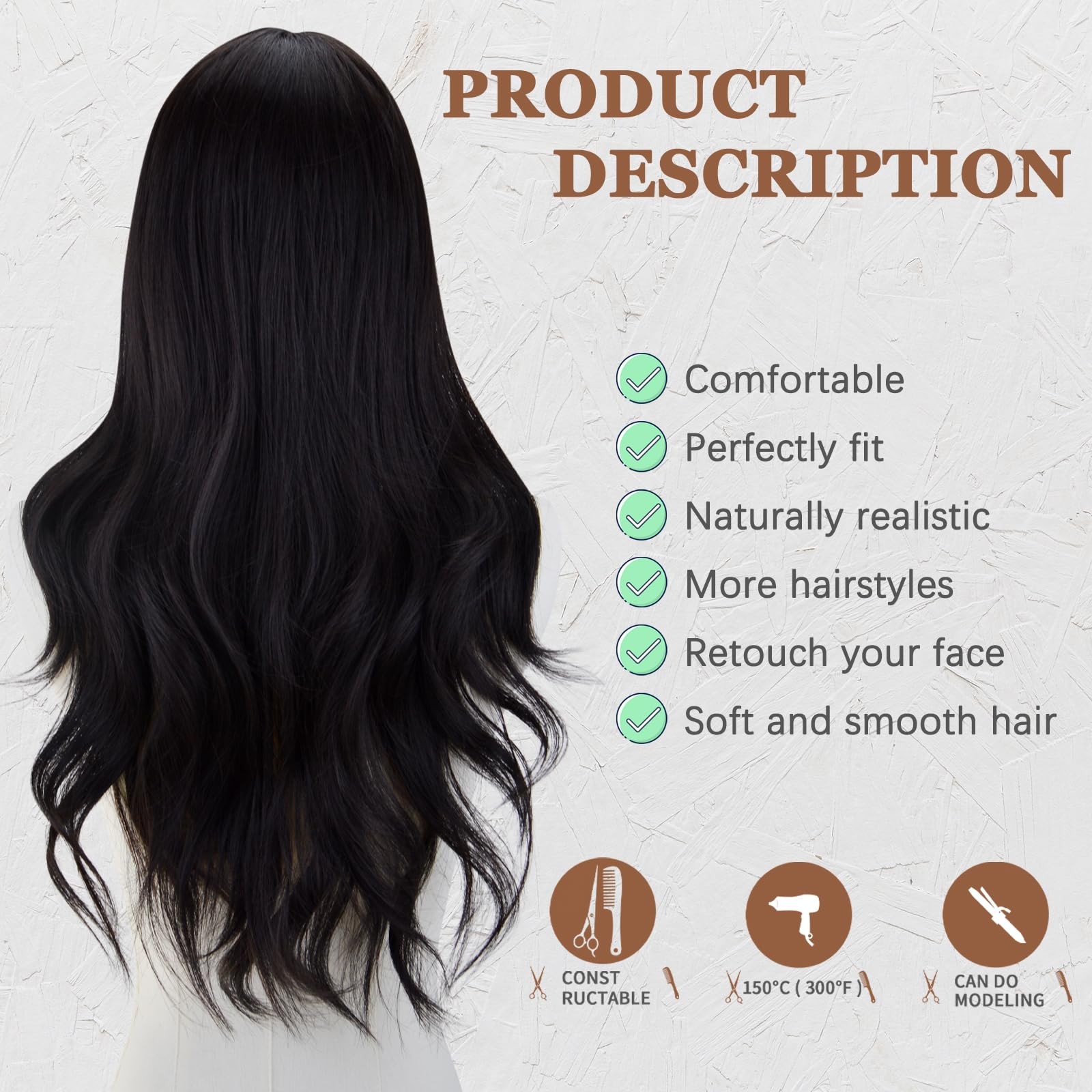 Long Black Wavy Wig for Women 26 Inch Middle Part Curly Wavy Wig Natural Look…
