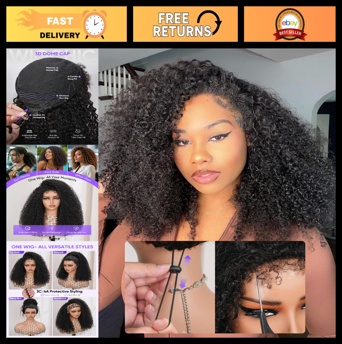 Kinky Curly Half Wig 20″ | Seamless 4C Edges | Flip Over Drawstring | 3C/4A Styl