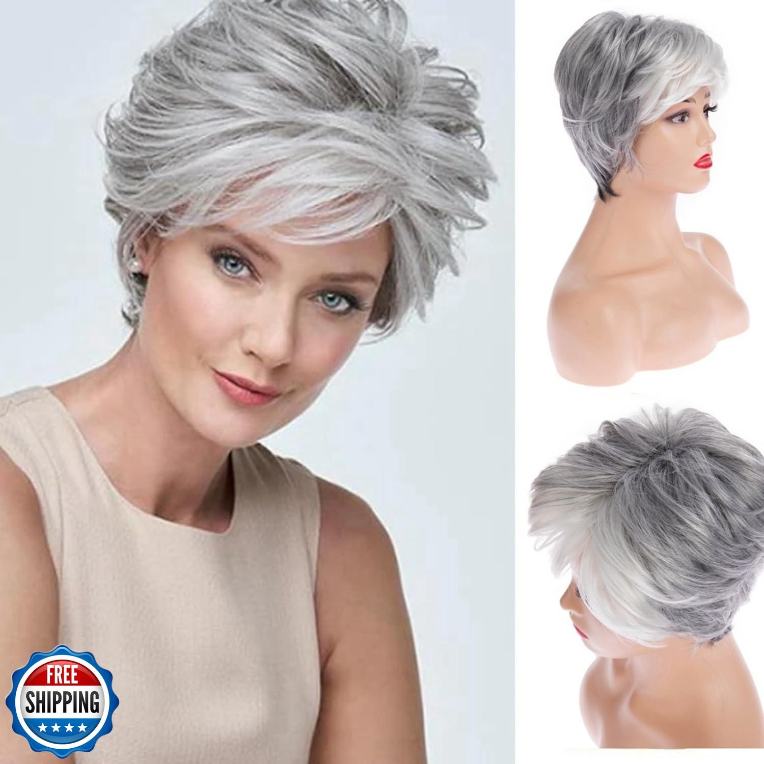 Beweig Short Gray Wigs for White Women Pixie Cut Wig with Bangs Natural Synth