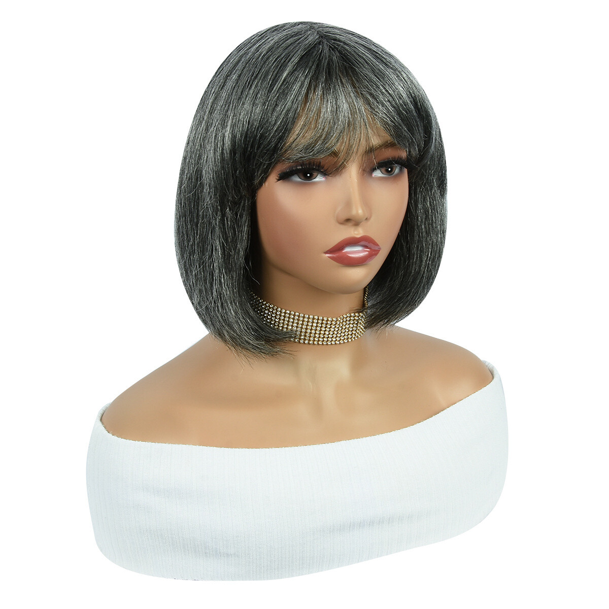 10 Inch Gray Black Mix Human Hair Wigs with Bangs 180% Density None Lace Wigs