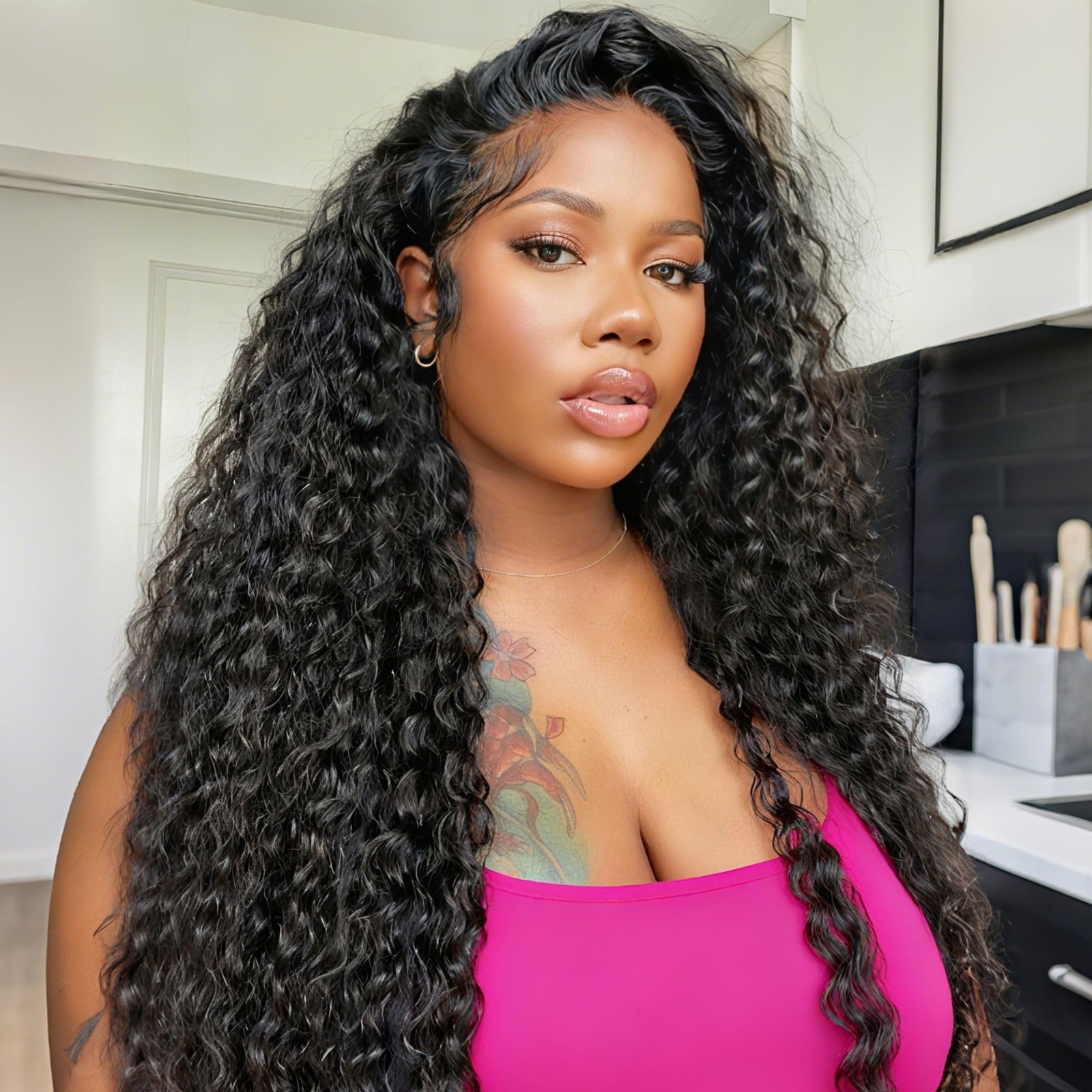 24″ Deep Wave Half Wig Human Hair – Glueless Curly, 200% Density, Easy Wear, Nat