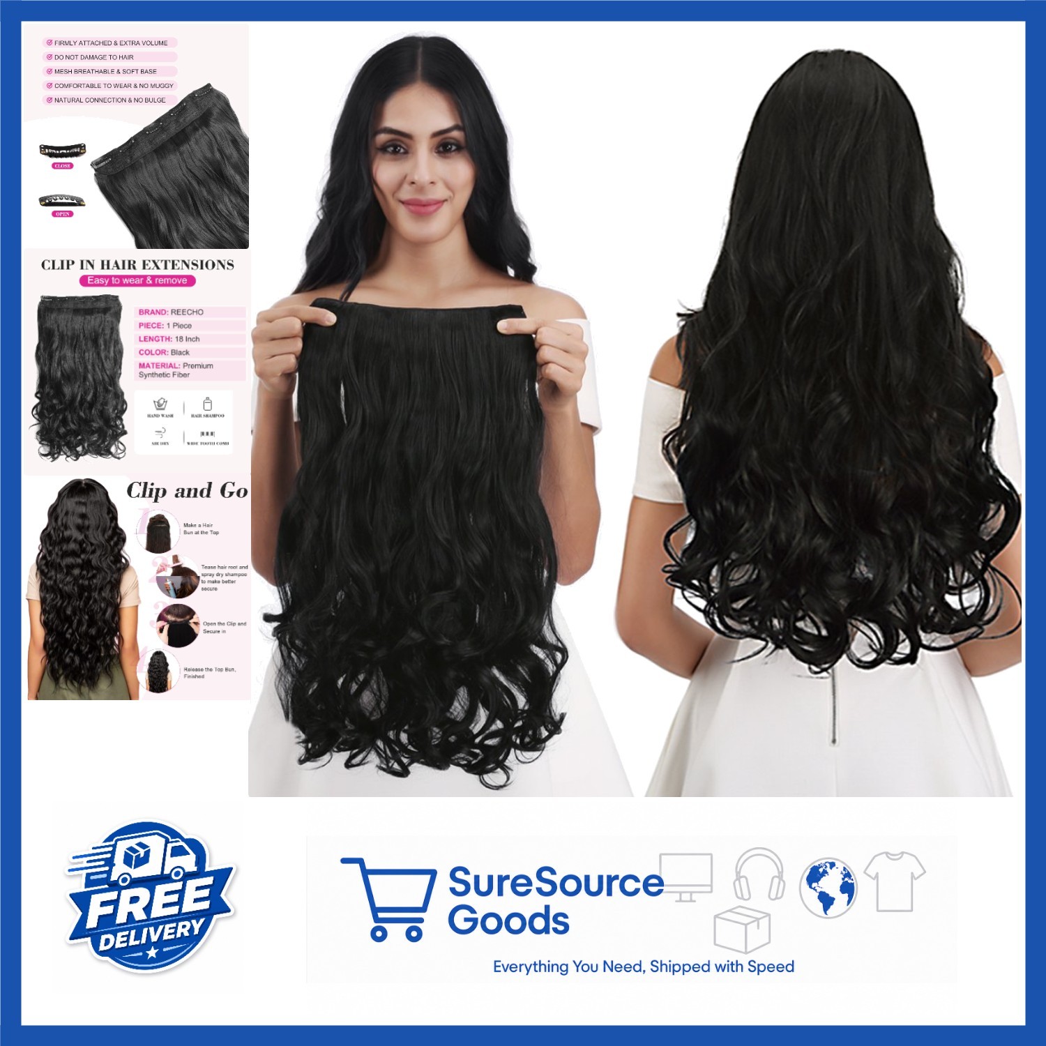 Heat Resistant 18″ Curly Wavy Clip-in Hair Extensions Natural Black 4.5 Oz