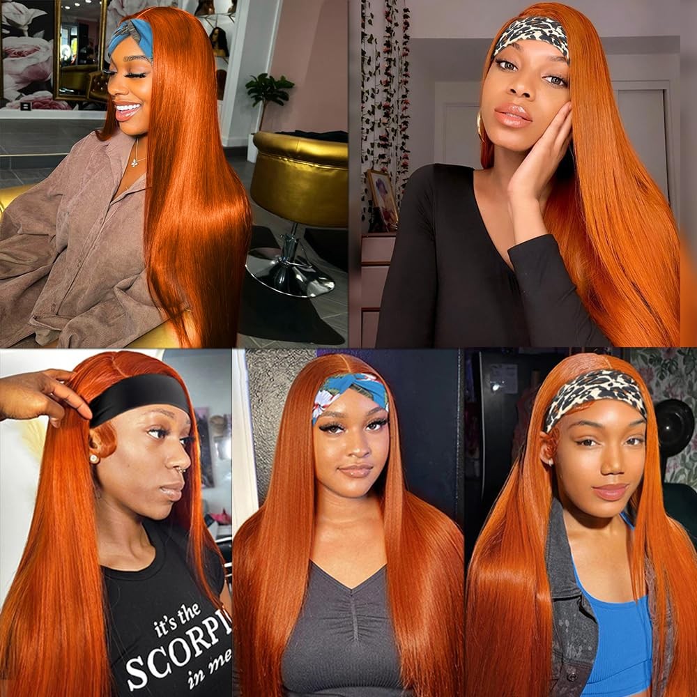 Yiweyowe 34 Inch 350 Orange Headband Wig Human Hair 150 Density Grade 8A