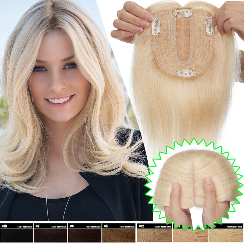 Premium Real Human Hair Women Topper Hairpiece Clip In Piece for thin grey hair