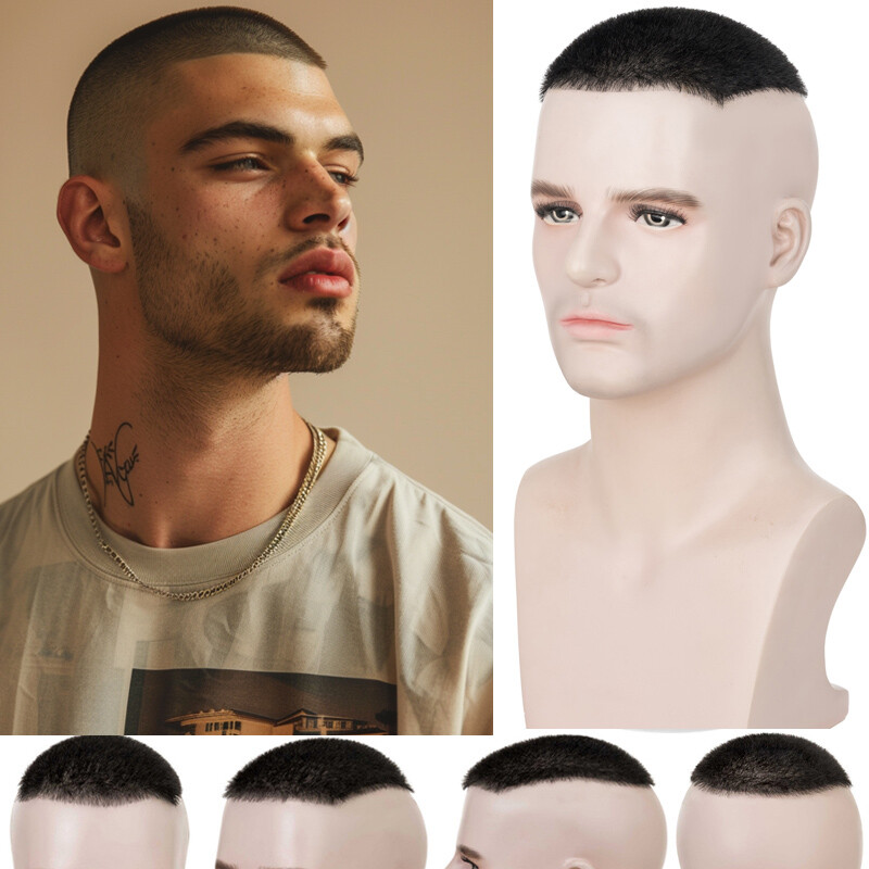 Mens Human Hair Toupee Ultra Thin PU Skin Top Hair piece System Short Cut #Black
