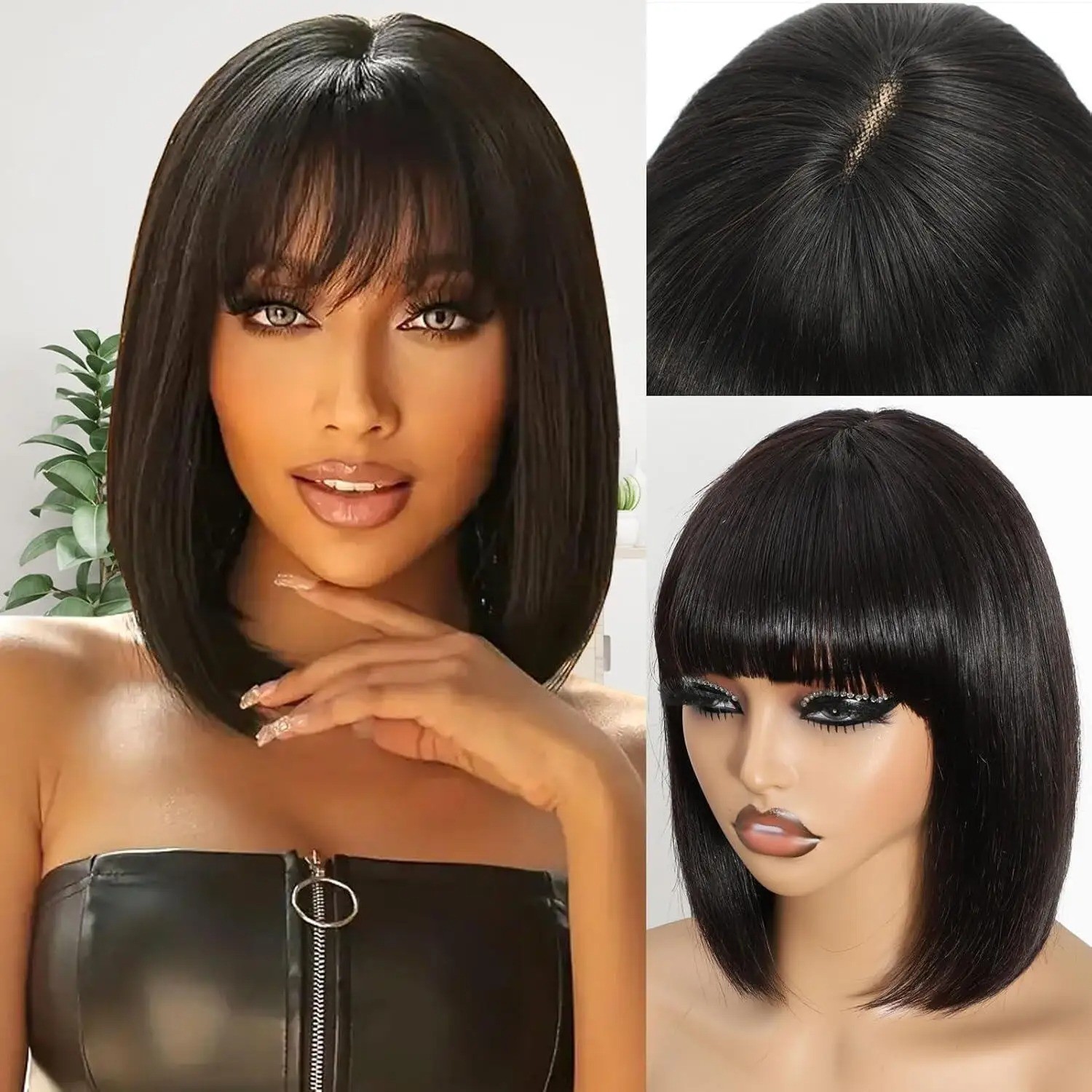 2×1 Straight Bob Lace Closure Wigs with Bangs For Women Brazilian Hair Short