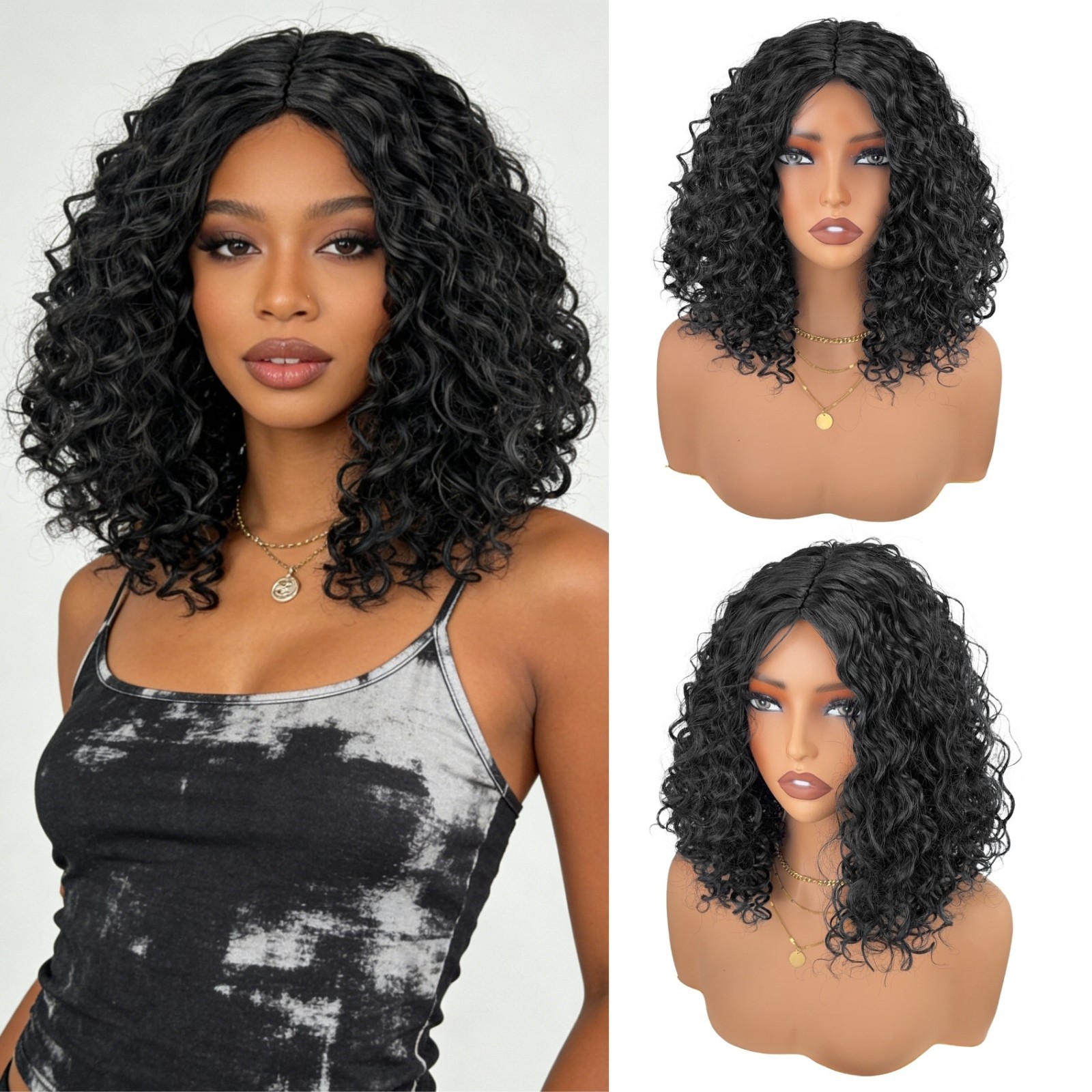 Women’s 10″ Black Curly Synthetic Wig African American Style Middle Part