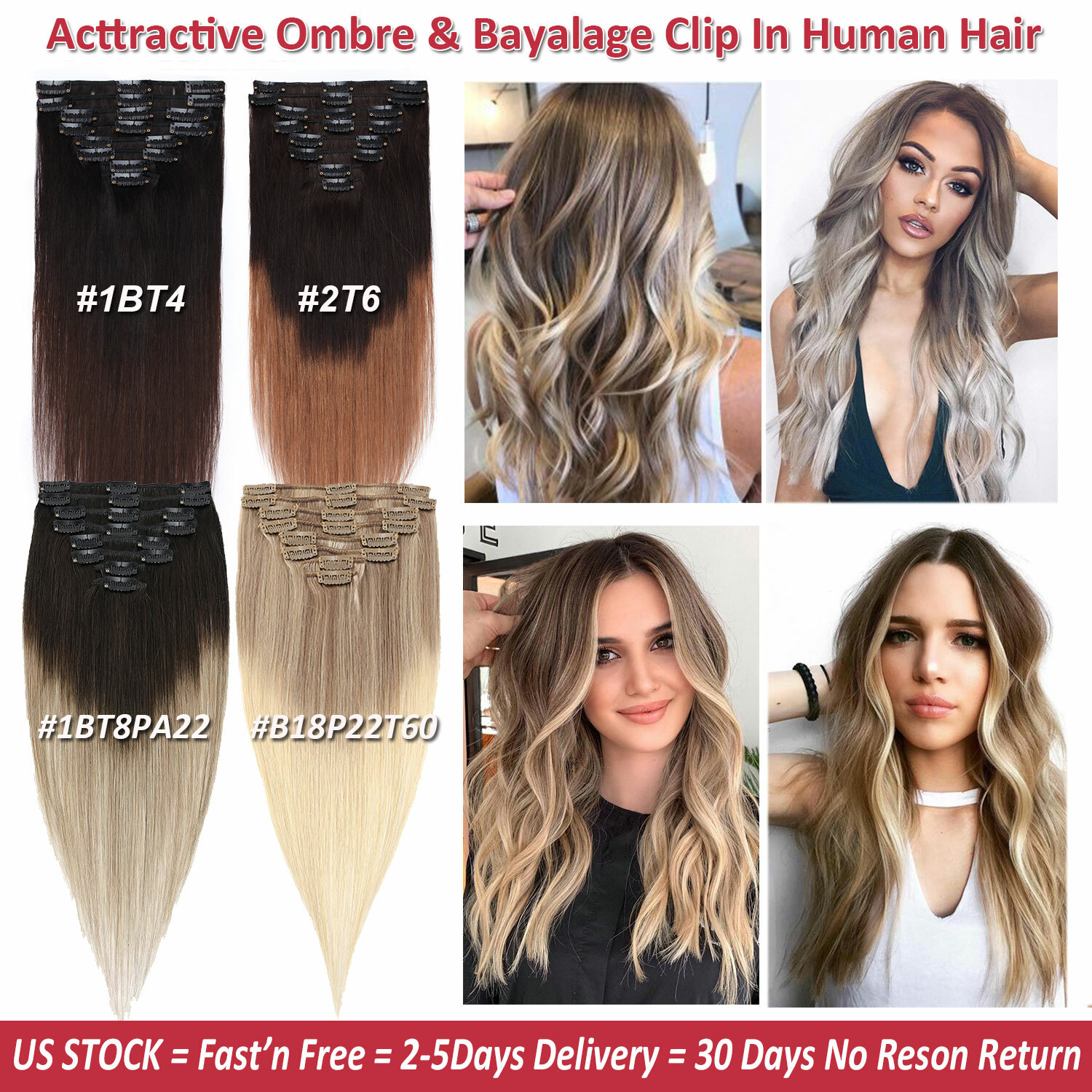 Balayage Clip In Human Hair Extensions 100%Real Remy Hair Full Head US CLEARANCE