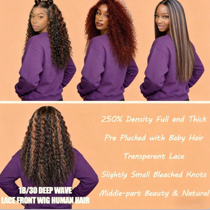 13×4 Water Wave Ombre 1B/30 200% Density Transparent Lace Wigs Human Hair