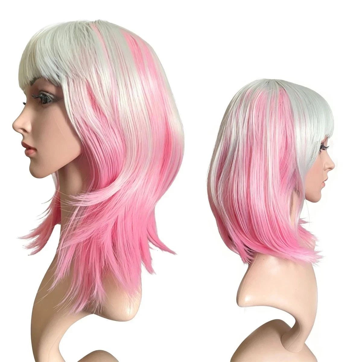 Short Straight Bob Cosplay Wig, White Ombre Pink Synthetic Full Wig with Full Ba