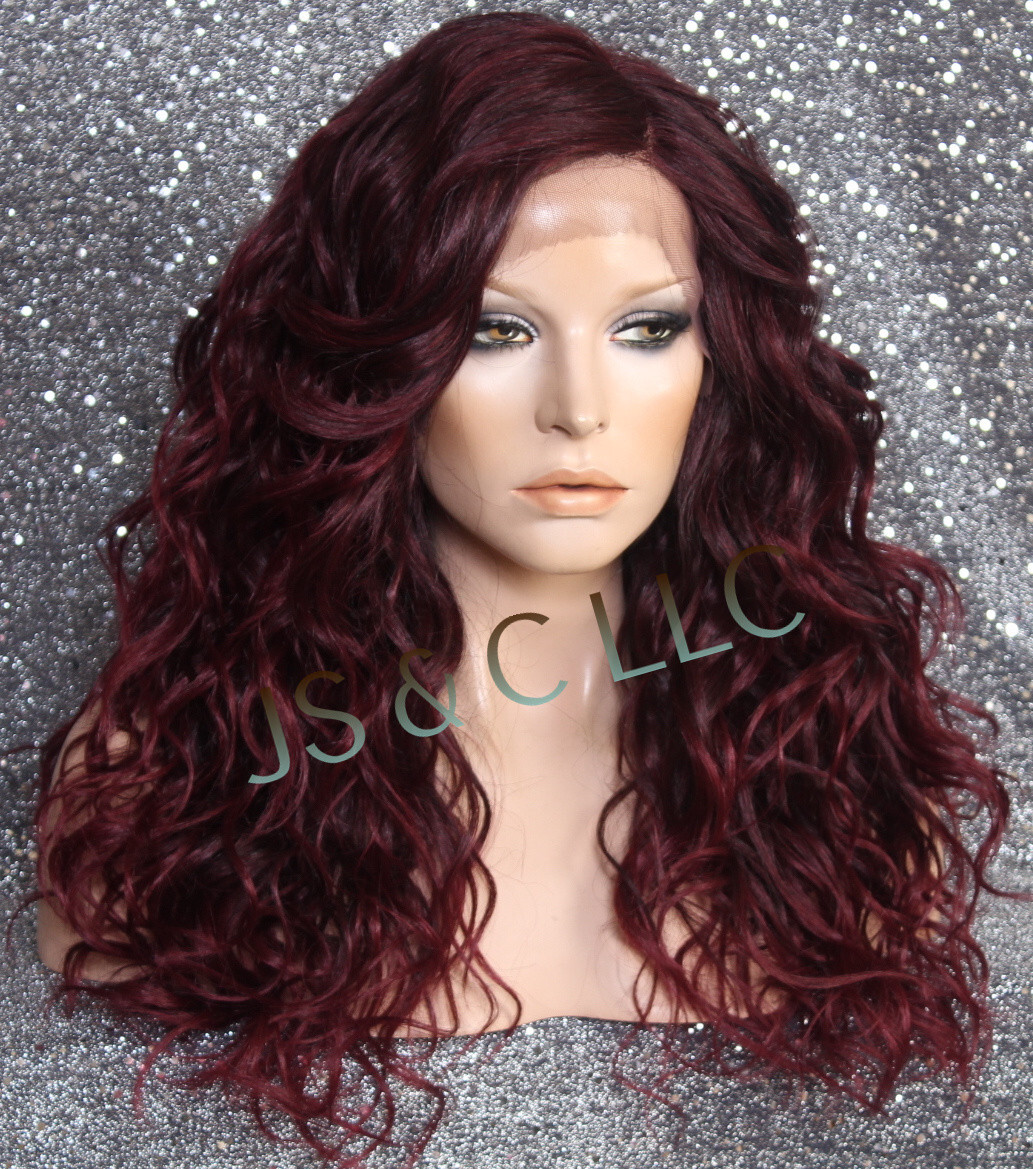Human Hair Blend Long HEAT OK Full Lace Front Wig Burgundy mix wavy WEYC 1B-burg