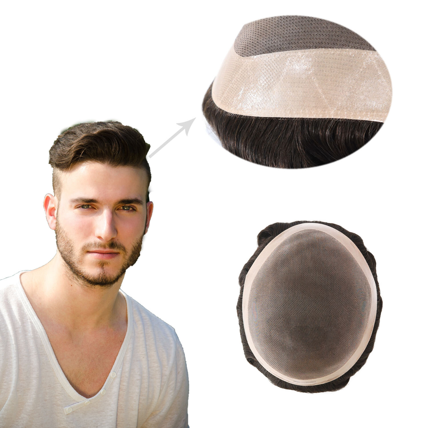 Mens Human Hair Replacement System Hairpiece Fine Mono Poly Skin Toupee Black7X9