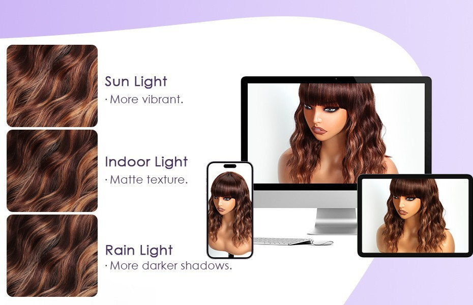 Short Wavy Bob Wig with Bangs Caramel Reddish Brown , Wavy 16″ Soft & Silky #F2